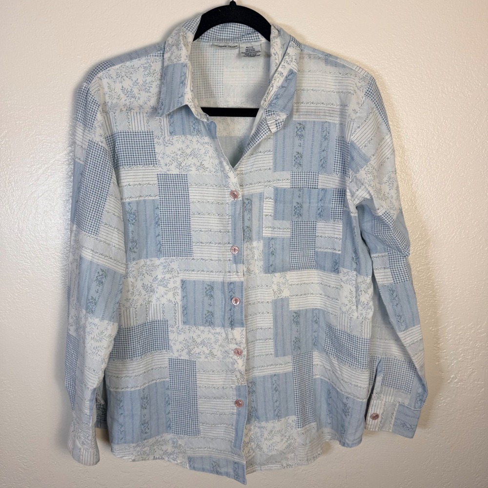 Vtg Cabin Creek Womens M Blue Patchwork Floral Gingham Button Down Cottage